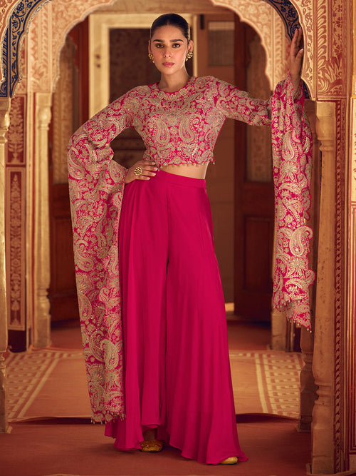 Pink Chinon Silk Palazzo Set with Long Sleeves Embroidered Top