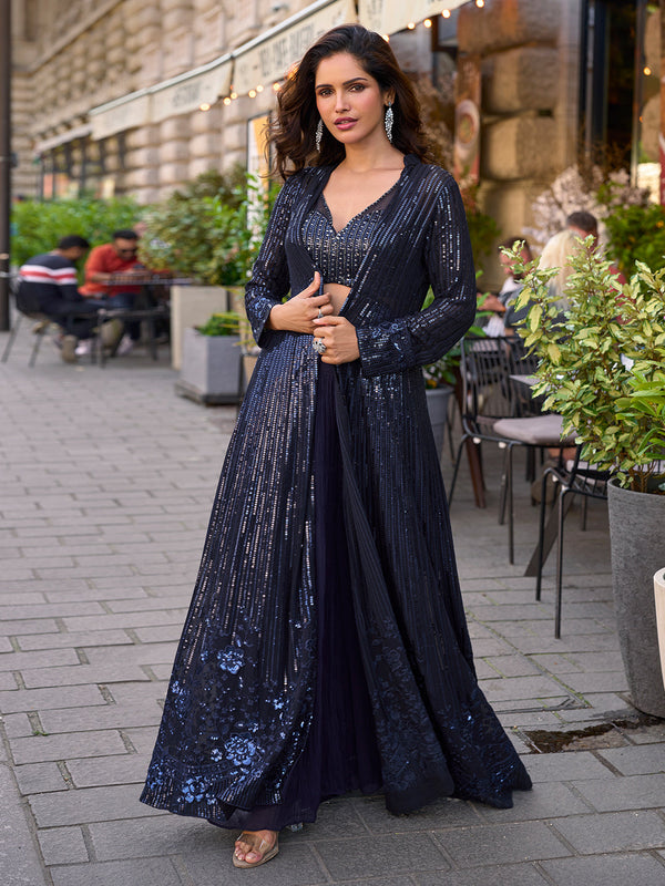 Navy Blue Designer Indo Western Party Wear Palazzo Crop Top with Long Jacket House of Panchhi
