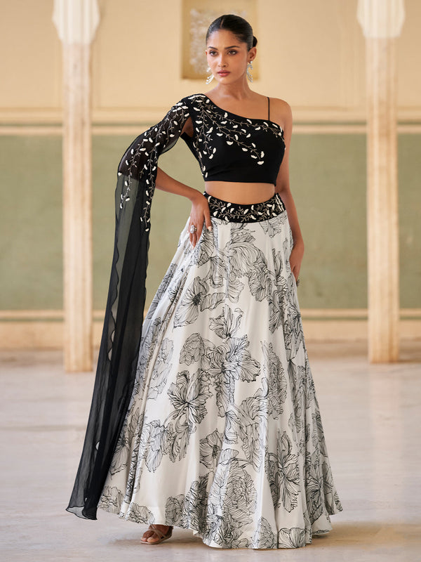 Black & White Chinon Silk Crop Top Lehenga Set House of Panchhi