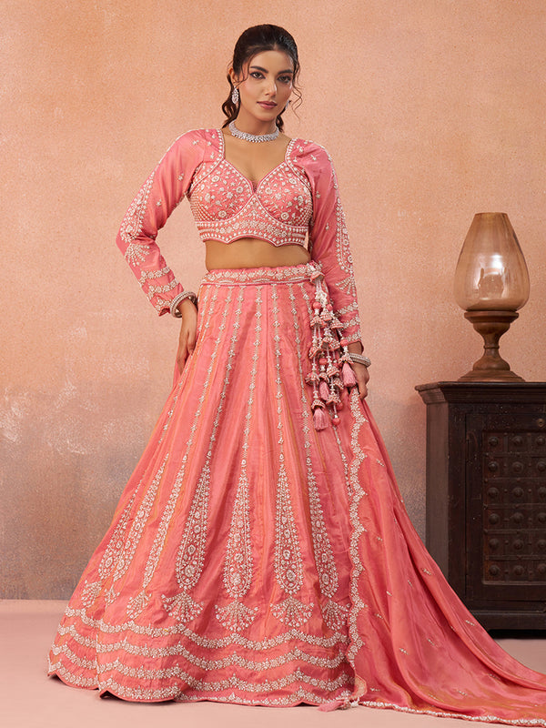 Peach Tissue Beads & Sequins Embroidered Semi-Stitched Lehenga Set House of Panchhi