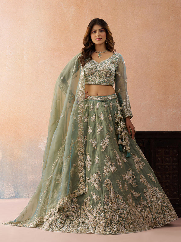 Seagreen Tissue Beads & Sequins Embroidered Semi-Stitched Lehenga Set House of Panchhi