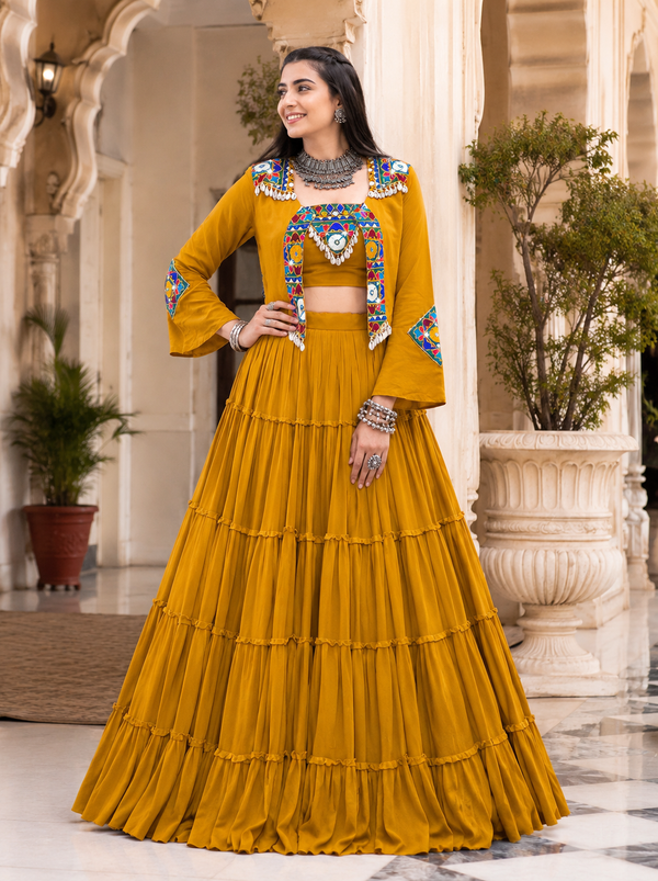 Mustard color Navratri Designer Ready To Wear Lehenga Jacket Set houseofpanchhi