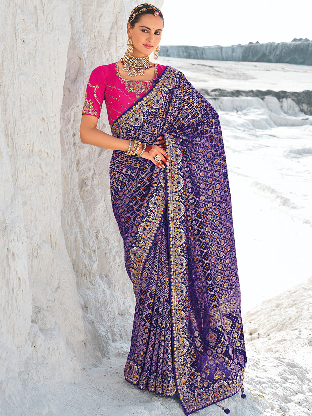 Top purple saree contrast blouse 2025