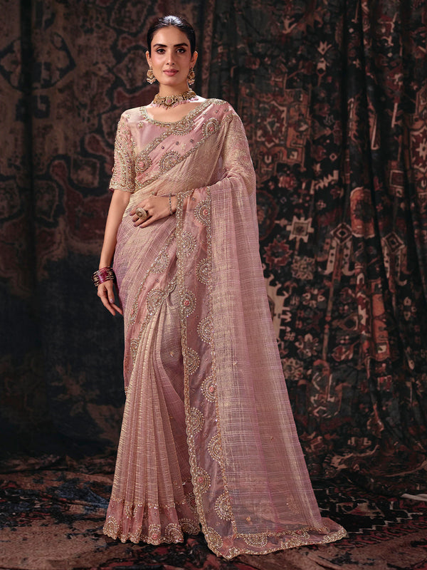 Pink Linig salsa Fabric Beads & Sequence Embroidery Work Saree House of Panchhi