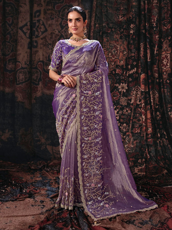 Purple salsa Fabric Beads & Sequence Embroidery Work Saree House of Panchhi