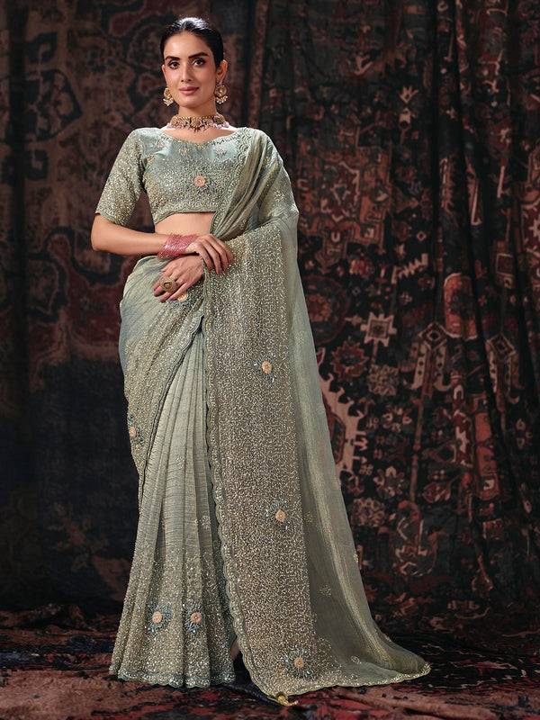 Grey salsa Fabric Beads & Sequence Embroidery Work Saree House of Panchhi