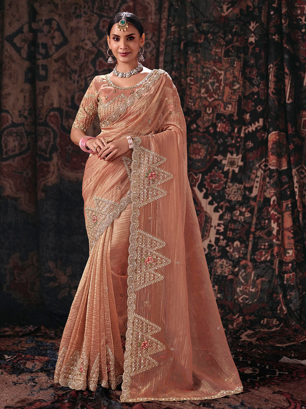 Peach Salsa Fabric Beads & Sequence Embroidery Work Saree House of Panchhi