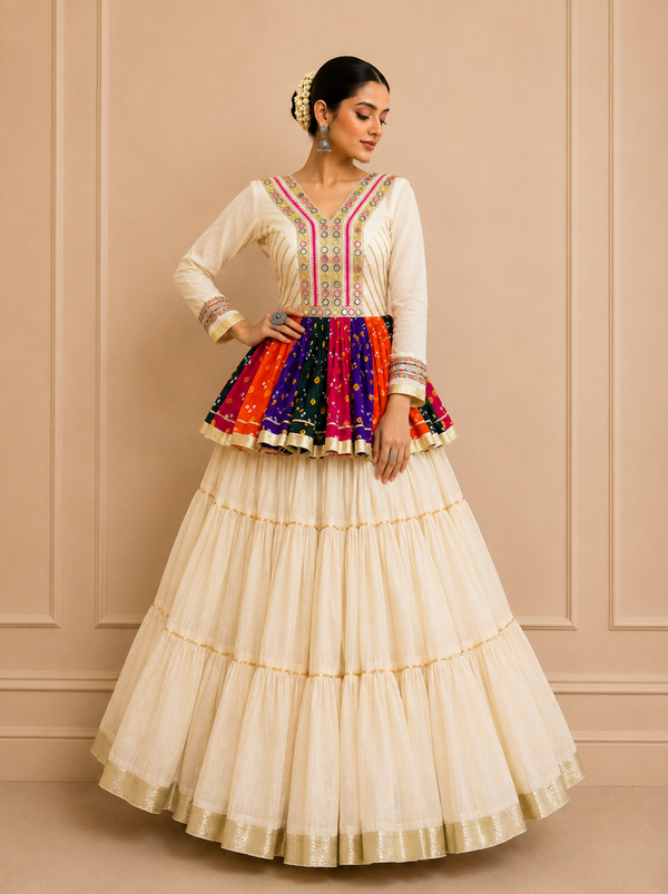 Cream & Multi color Navratri Designer Ready To Wear Kediya Lehenga Set houseofpanchhi