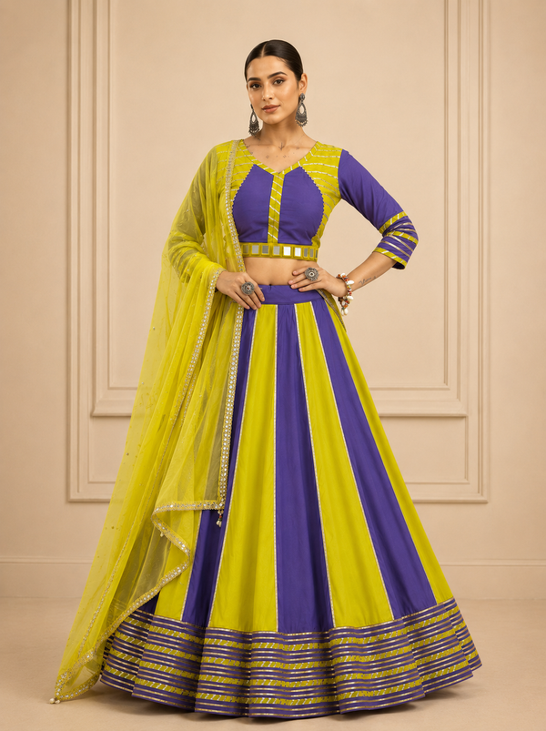 Lime Yellow & Royal Purple color Navratri Designer Ready To Wear Lehenga Set houseofpanchhi