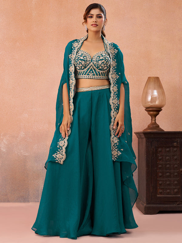 Teal Blue Organza Beads Embroidered Crop Top with Flared Cape & Flared Palazzo Set House of Panchhi