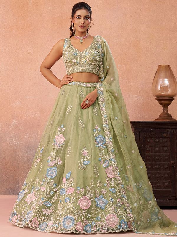 Limegreen Tissue Beads & Sequinned Floral Embroidered Semi-Stitched Lehenga Set House of Panchhi