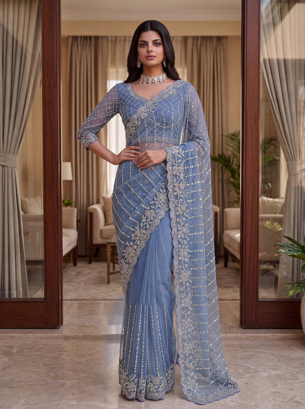 Sky Net Fabric Beads, sequence, pearl Embroidery Work Saree House of Panchhi