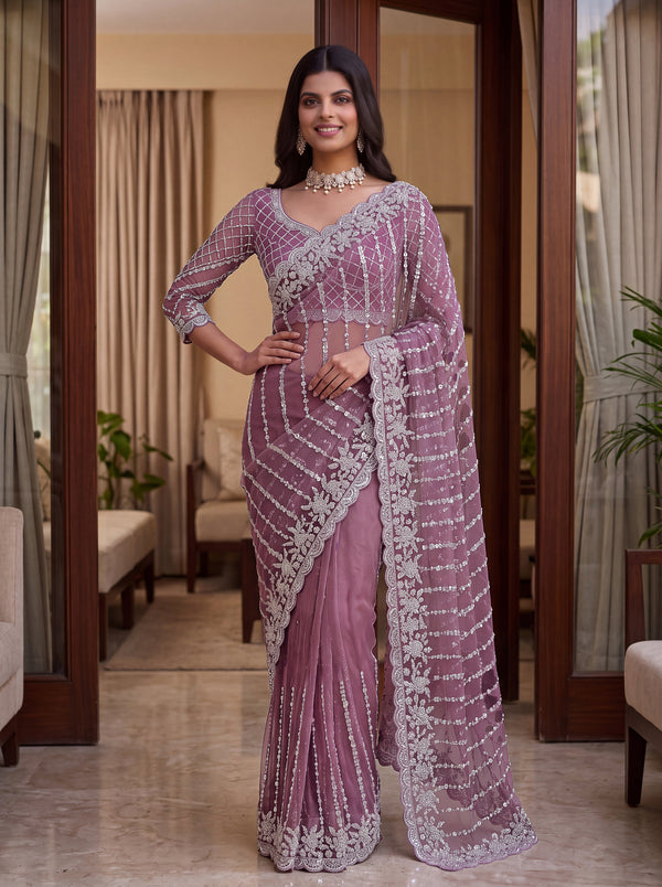 Purple Net Fabric Beads, Sequence, Pearl Embroidery Work Saree House of Panchhi