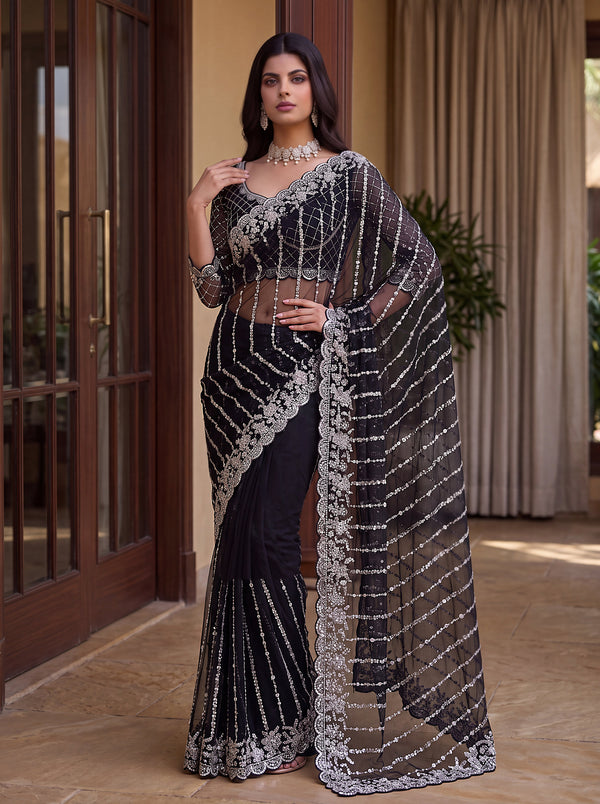 Black Net Fabric Sequence Cutdana and Moti Heavy work Saree House of Panchhi