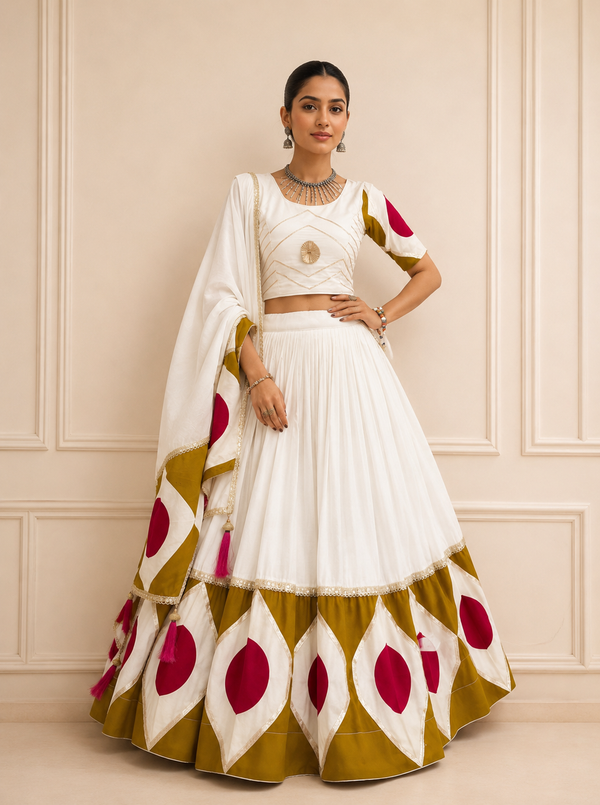 Cream & Olive color Navratri Designer Ready To Wear Lehenga Set houseofpanchhi