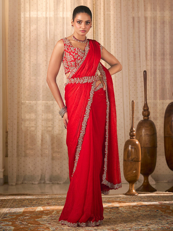 Red Imported Shiny Satin Fabric Heavy Beads Work Saree House of Panchhi