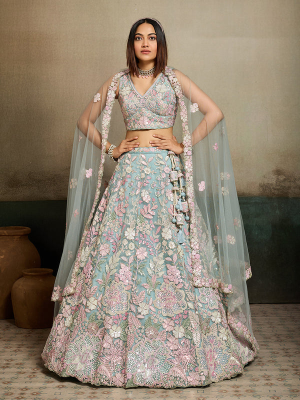 Net Fabric Sequins embroidery Semi-Stitched Lehenga & Unstitched Blouse With Dupatta House of Panchhi