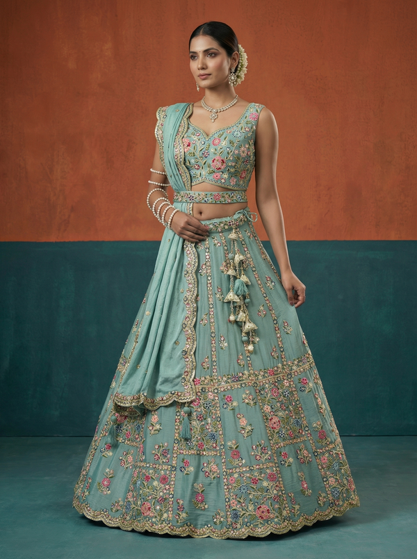 Chinon Sequins, Moti, Mirror and Thread Embroidered Semi-Stitched Lehenga House of Panchhi