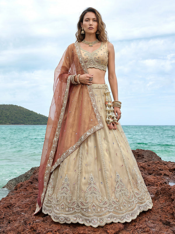 Rust Tissue Beads with zari Embroidered Lehenga House of Panchhi