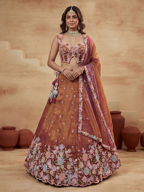 Rust Tissue Moti with Embroidered Lehenga Set