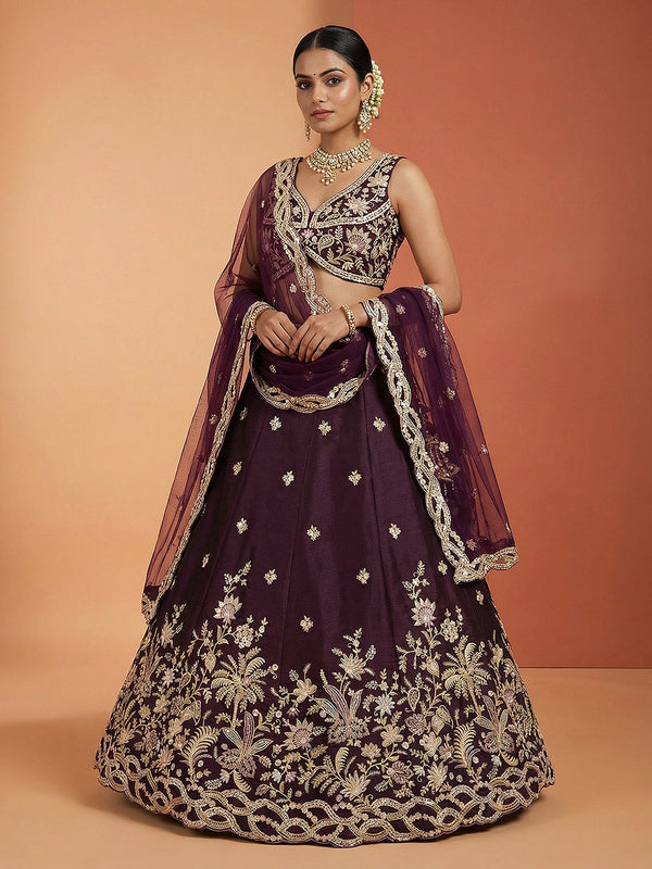 Wine Tissue Beads with Embroidered Lehenga Set House of Panchhi