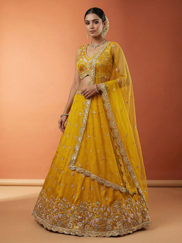 Mustard Chinnon Silk Motif with Sequince Embroidered Lehenga Set House of Panchhi