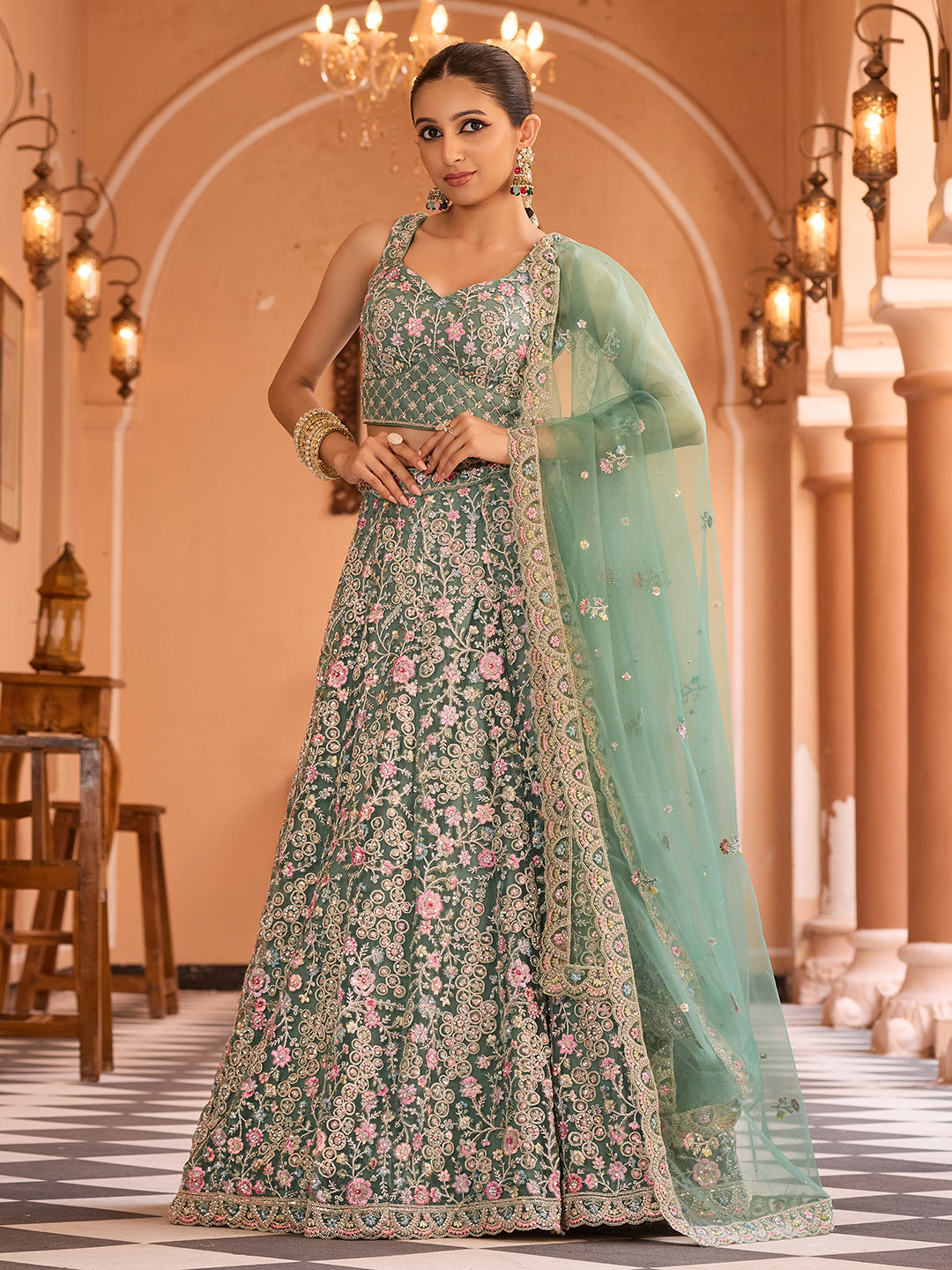 Net Fabric Sequins embroidery Semi-Stitched Lehenga & Unstitched Blouse With Dupatta (Copy) House of Panchhi