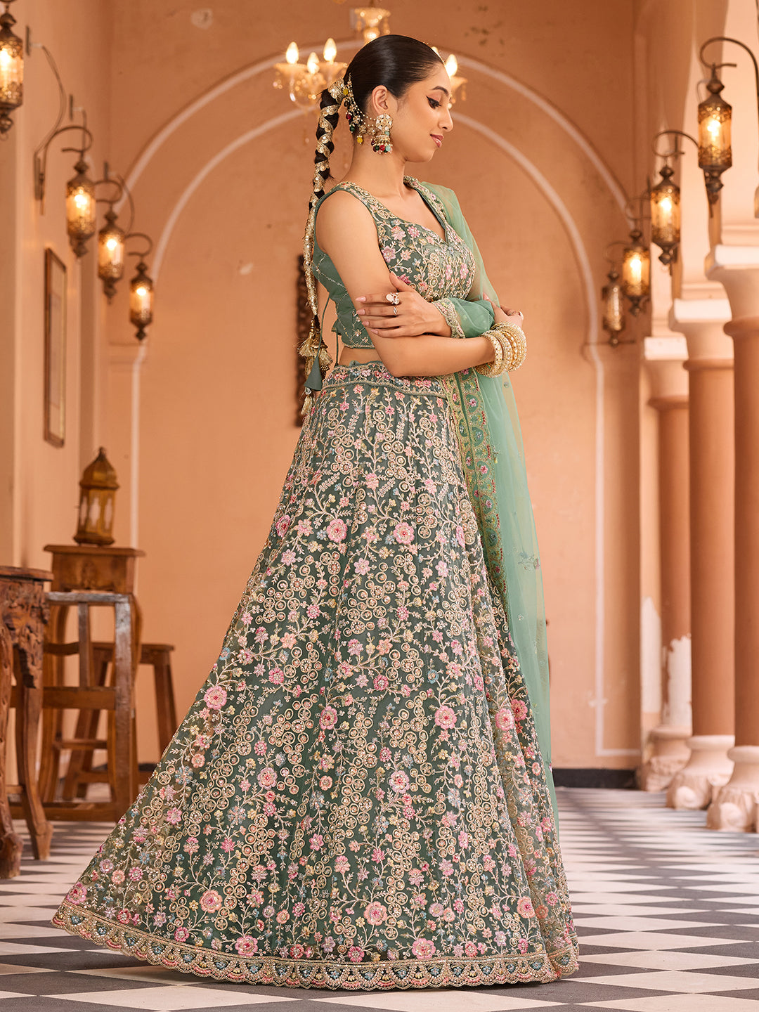Net Fabric Sequins embroidery Semi-Stitched Lehenga & Unstitched Blouse With Dupatta (Copy) House of Panchhi