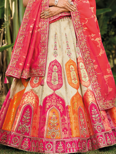 Off-White-Pink Organza Silk Embroidered Cut Work Semi Stitched Lehenga Choli