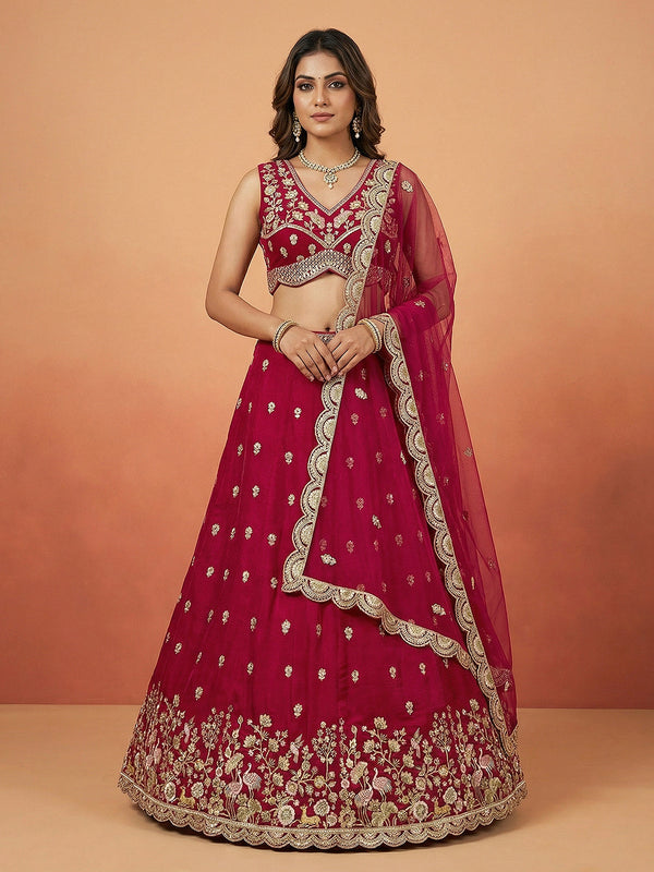 Pink Chinnon Silk Motif with Sequince Embroidered Lehenga Set House of Panchhi