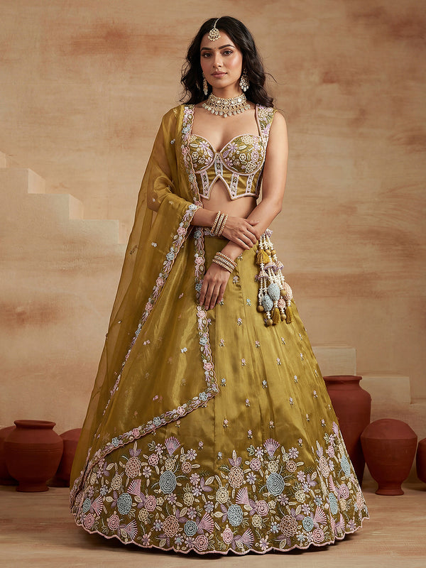 Mustard Tissue Moti with Embroidered Lehenga Set House of Panchhi