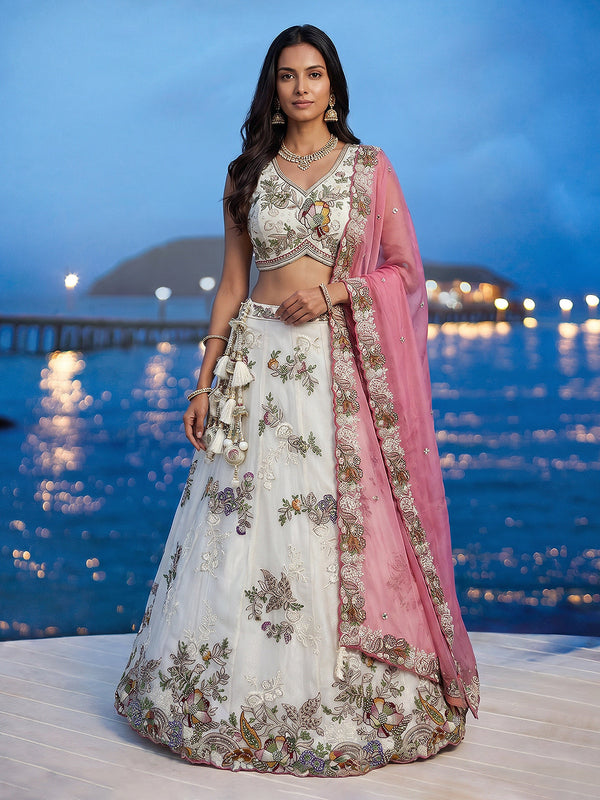 Cream Tissue Woolen Embroidered Lehenga Set House of Panchhi