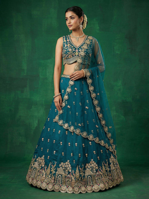 Teal Chinnon Moti with Sequince Embroidered Lehenga Set House of Panchhi