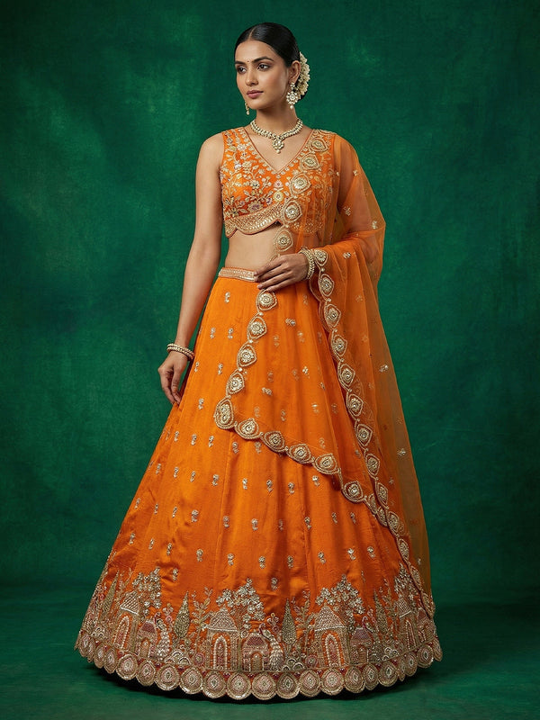 Orange Chinnon Moti with Sequince Embroidered Lehenga Choli with Dupatta House of Panchhi