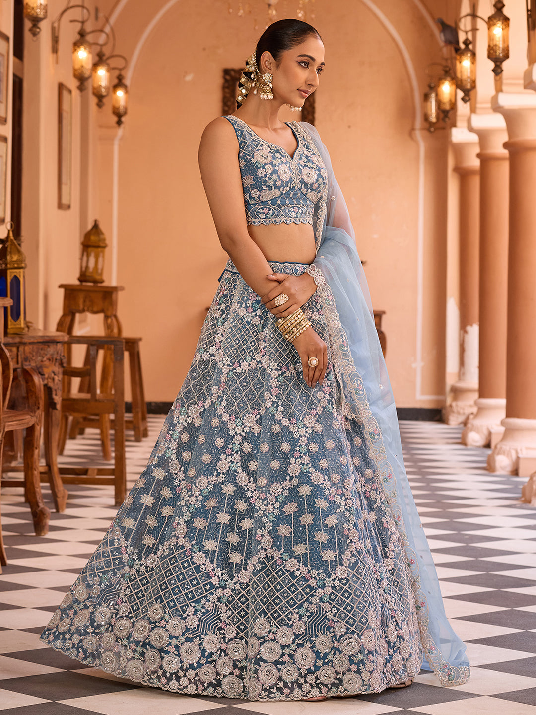Net Fabric Sequins embroidery Semi-Stitched Lehenga & Unstitched Blouse With Dupatta (Copy) House of Panchhi