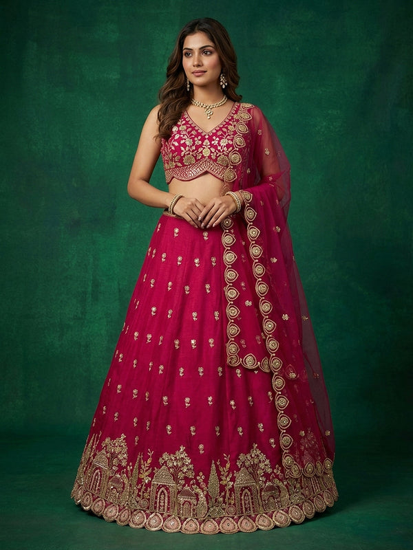 Pink Chinnon Moti with Sequince Embroidered Lehenga Set House of Panchhi