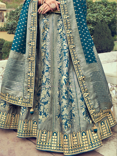Teal Heavy Gota Pati Patch Hand Work Banarasi Silk Semi Stitched Lehenga Choli