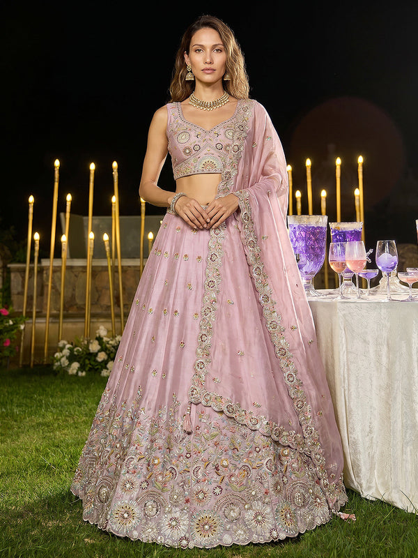 Shade of Pink Floral Embroidered Using Moti, Zarkan Multi-Color Tissue Semi-Stitched Lehenga Set House of Panchhi