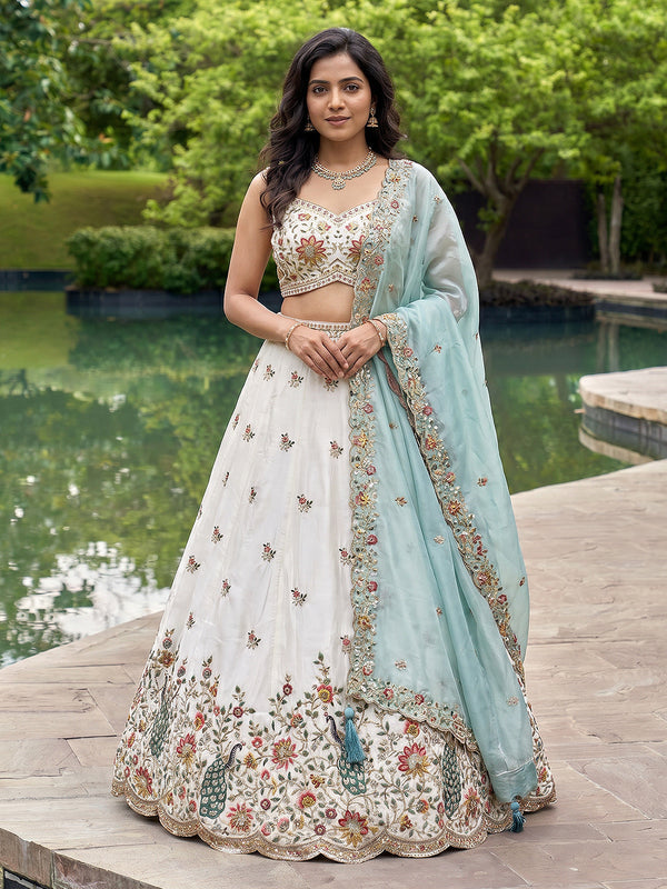 Cream Sky Organza Zarkan, Multi-Color Thread, Golden Sequin Embroidered Lehenga Set House of Panchhi