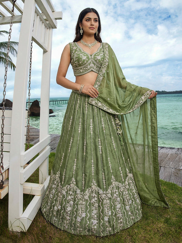 Pista Chiffon Sequence with zari thread Embroidered Lehenga Set House of Panchhi
