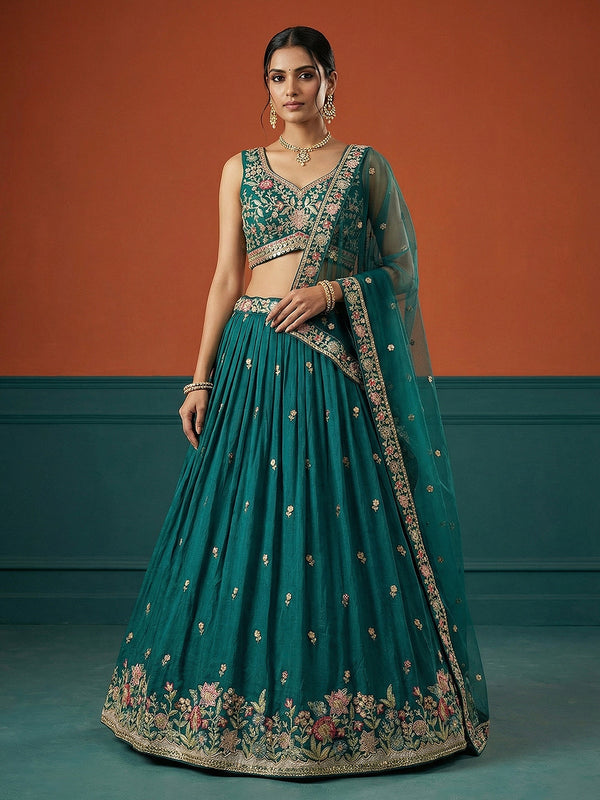 Green Georgette Sequince Embroidered Lehenga Choli with Dupatta House of Panchhi