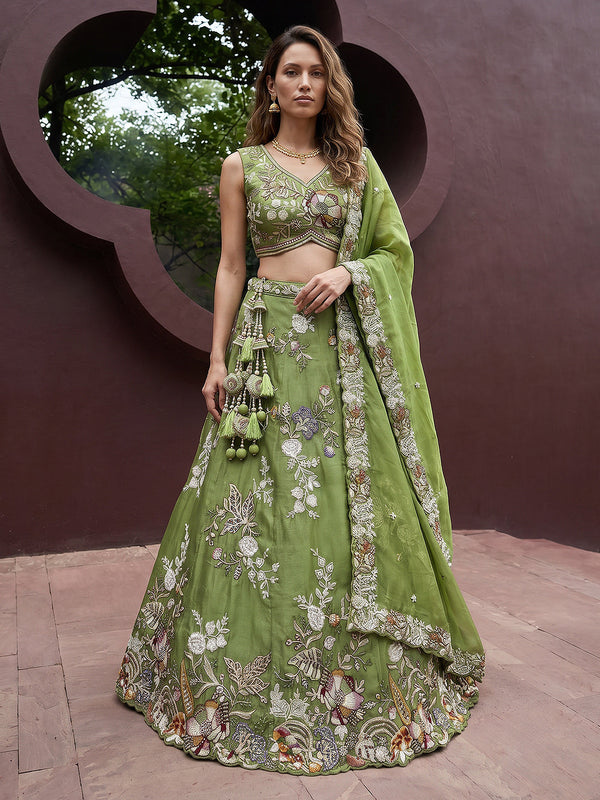 Pista Tissue Woolen Embroidered Lehenga Set House of Panchhi
