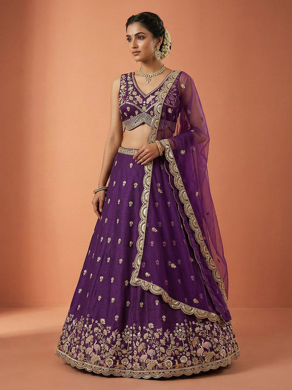 Magenta Chinnon Silk Motif with Sequince Embroidered Lehenga Set House of Panchhi