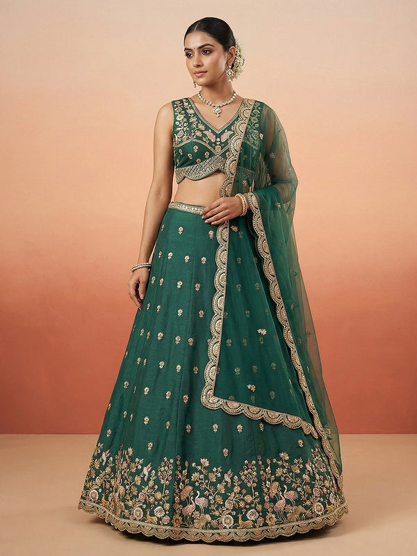 Green Chinnon Silk Motif with Sequince Embroidered Lehenga Set House of Panchhi