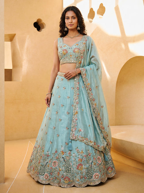 Aqua Blue Organza Zarkan, Multi-Color Thread, Golden Sequin Embroidered Lehenga Set