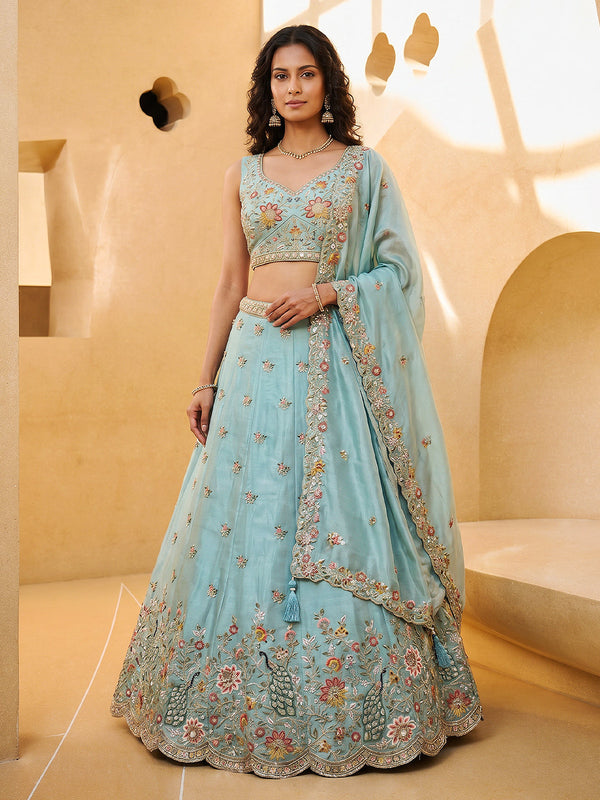 Aqua Blue Organza Zarkan, Multi-Color Thread, Golden Sequin Embroidered Lehenga Set House of Panchhi