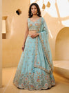Aqua Blue Organza Zarkan, Multi-Color Thread, Golden Sequin Embroidered Lehenga Set