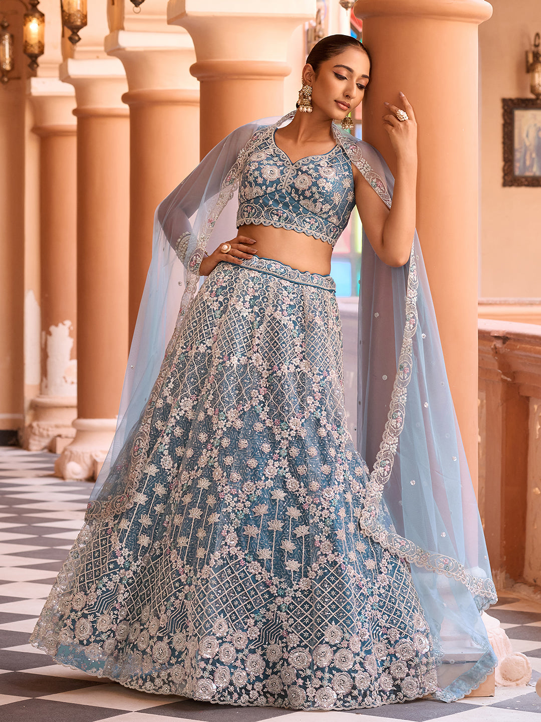 Net Fabric Sequins embroidery Semi-Stitched Lehenga & Unstitched Blouse With Dupatta (Copy) House of Panchhi