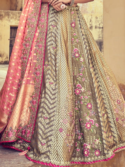 Grey-Pink Banarasi Silk Heavy Gota Pati Patch Hand Work Semi Stitched Lehenga Choli
