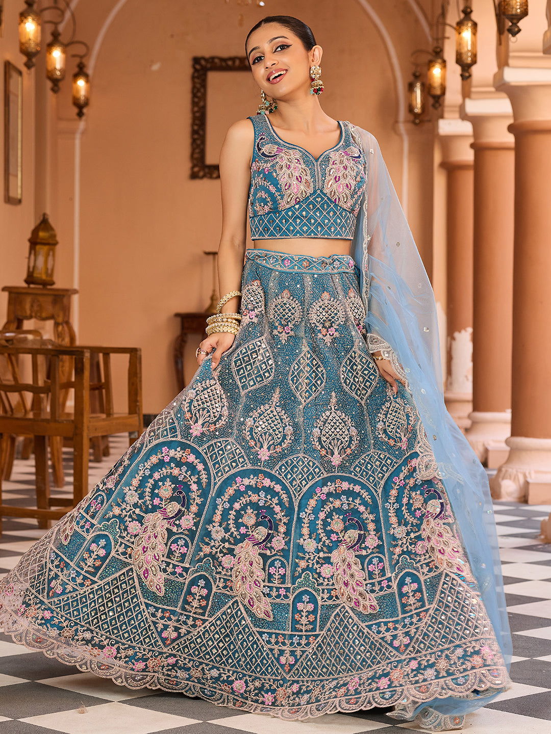 Net Fabric Sequins embroidery Semi-Stitched Lehenga & Unstitched Blouse With Dupatta House of Panchhi